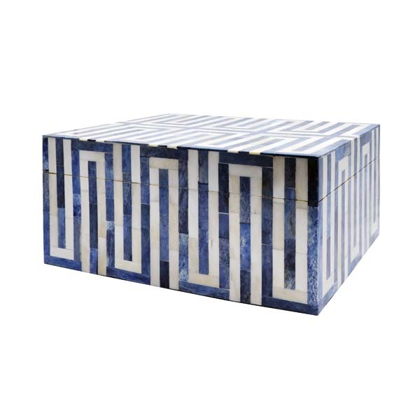 Mellie Large Geometric Patterned Box in Blue & White Bone